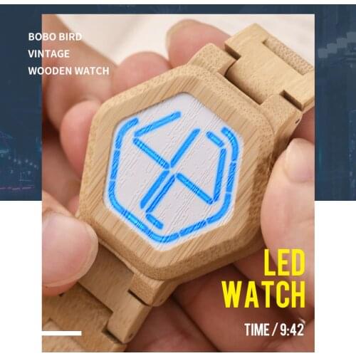 Relogio BOBO BIRD LED Wood Mens Watches Digital Watch Men Night Vision Calendar Quartz Wristwatch Minimal Time Display Dropship