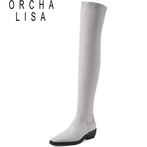 ORCHALISA 2021 Winter Genuine Leather Over Knee High Boots Slim Strength Square Toe Med Heels Slip On Bootie Black Brown 43 42