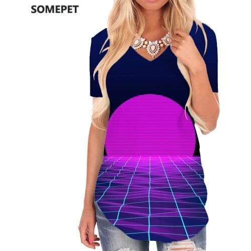 SOMEPET Neon Lights T Shirt Women Abstract Shirt Print Psychedelic V-neck Tshirt Cube Funny T shirts Womens Clothing Fashion