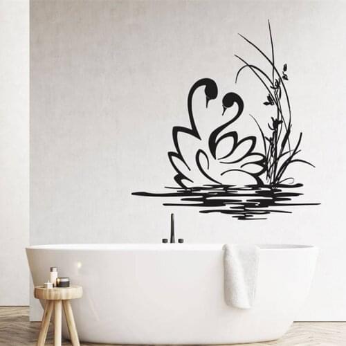 Swans Couple Wall Sticker Bathrrom Home Decoration Swans Swim Vinyl Wall Decal For Bathroom Removable Plants Vinyl Murals AZ073