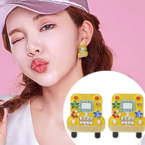 Yellow Bus Crystal Earrings Green Star Rhinestone Transportation Stud Earring for Woman Trendy Party Jewelry