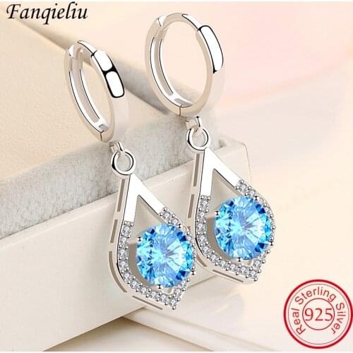 Fanqieliu Natural Crystal Blue Heart Dangler Girls Gift Wedding Solid Sterling 925 Silver Drop Earrings For Women FQL20387