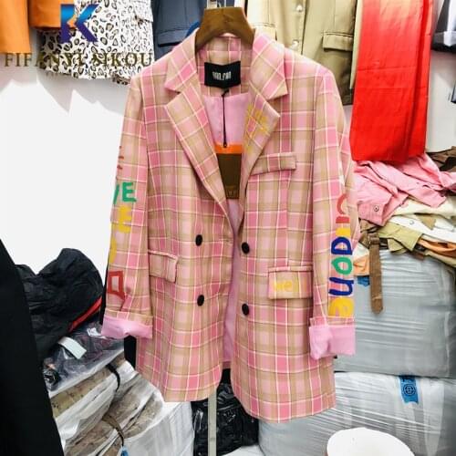 Streetwear Women Fashion Plaid Blazer Jacket Double Breasted Letter Print Suit Coat High quality Lady Loose Blazers Coat 2020