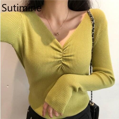 Sutimie Sexy V Neck Women Sweater Autumn Knitted Pullover Jumper Chic Soft Korean Slim Long Sleeve Female Basic Top New 2021