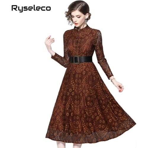 2018 New Women Lace Cutout Empire Casual Midi Dresses Vintage Long Sleeve A-Line Autumn Elegant Quality Plus size Flare Vestidos