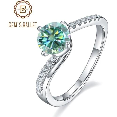 GEMS BALLET 925 Sterling Silver Green Moissanite Rings For Women 1.0Ct 6.5mm Round Bypass Style Moissanite Engagement Ring