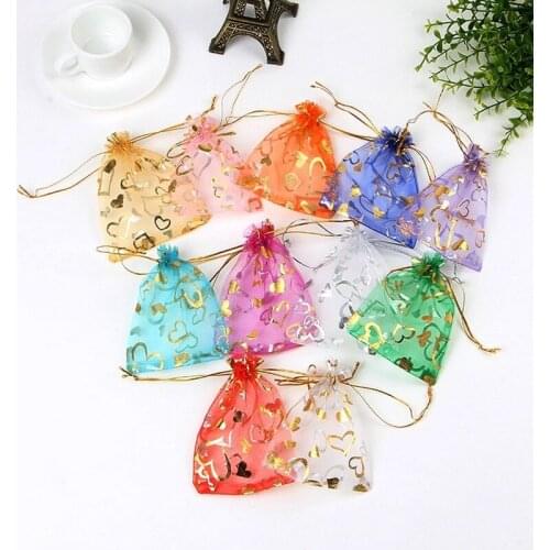 100pcs 11x16cm Bronzing Heart Pattern organza Bag with Drawstring Candy Gift Storage Pouches Wrapping DIY Jewelry Gauze Package