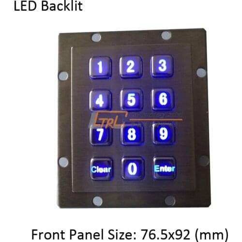 Backlit 12 keys panel mount stainless steel numeric keypad, metallic industrial keypad, metal pinpad