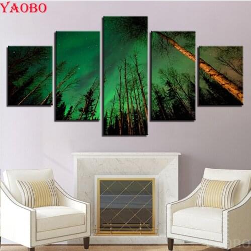 5 pcs 5D DIY Diamond Painting Green aurora forest landscape diamond embroidery Full Round square Mosaic Picture Of Rhinestone
