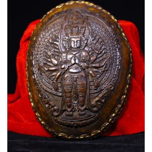 7"Tibet Buddhism Old Tibetan silver mosaic Thousand Hands Guanyin statue Eight treasures skull Bowl Kapala Cup Gabala Bowl