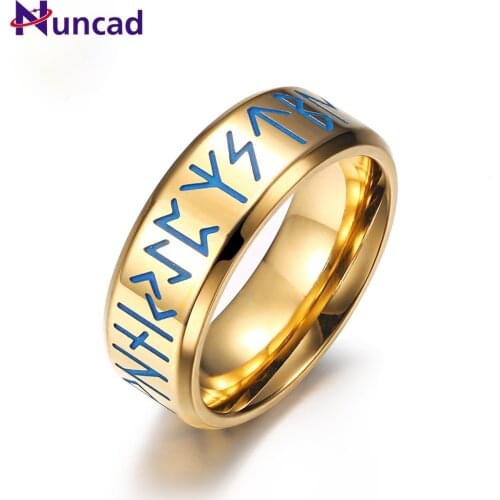 8MM Inner Arc Mirror Light Etching Nordic Viking Characters Luminous Ring Simple European Style Mens Ring Jewelry