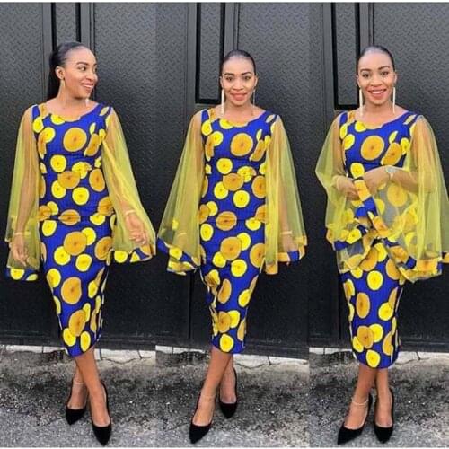 African Clothes Vintage Bodycon Dress Women Mesh Flare Sleeve Polka Dot Pencil Midi Dress Ladies 2019 Summer Partyclub