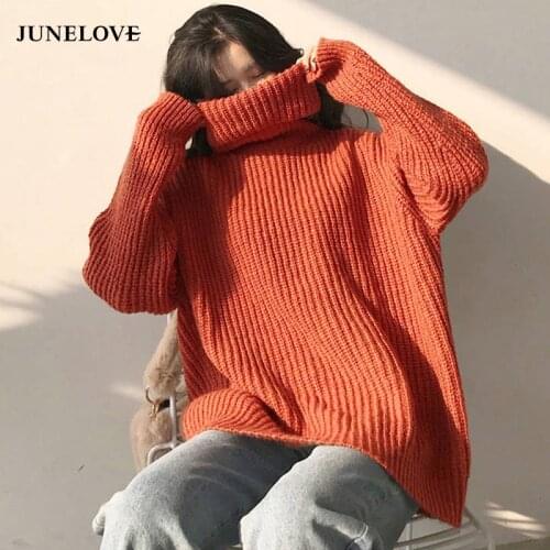 JuneLove women spring solid loose street sweater vintage lady turtleneck Long sleeve casual pullovers female knitted sweater top