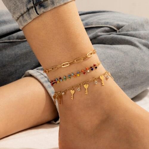HI MAN 3Pcs/Set Punk Mixed Acrylic Small Round Beads Zircon Key Anklet Women Fashion Simple Anniversary Gift Jewelry