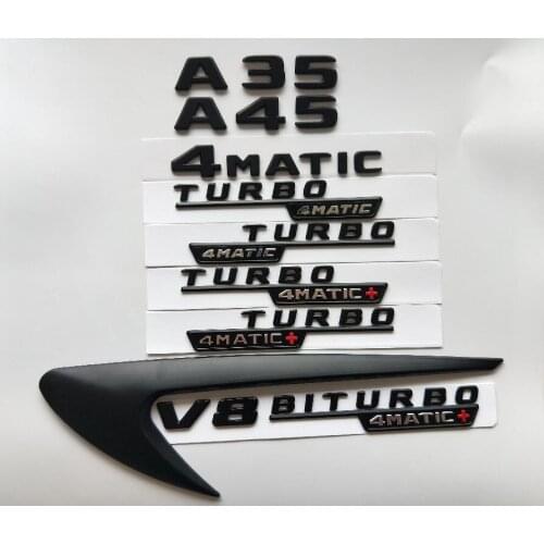 Black Letters A35 A45 V8 BITURBO TURBO 4MATIC+ Fender Trunk Tailgate Emblem Emblems Badges Badge for Mercedes Benz AMG W176 W177