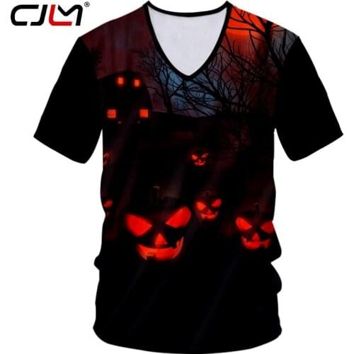 CJLM Man Happy Halloween V Neck Tshirt Horrible Red Eyed Pumpkin Tee Shirt 3D Printed Hot Sale High Quality Mens T-shirt