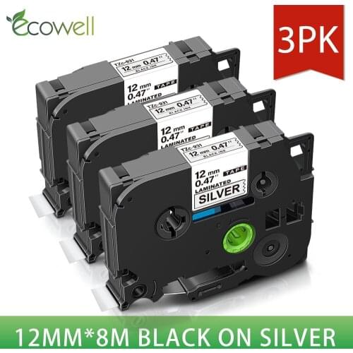 Ecowell 3PK Tze 931 12mm*8m Tze Laminated Label Tze-931 Compatible for Brother P-touch Printers Tz931 PT-D400AD PT-H110 PT-H100
