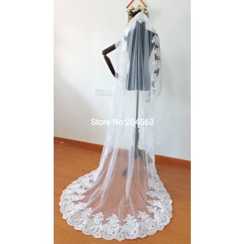 Romantic One-Layer White & Ivory Lace Long Veil Wedding Veils Tulle Veil for Bride without Comb