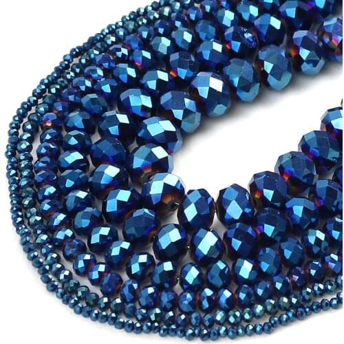 Faceted Blue Plated Glass Crystal Rondelle Beads Loose Spacer Beads For Jewelry Making DIY Bracelet 15'' 2/4/6/8/10/12/14mm