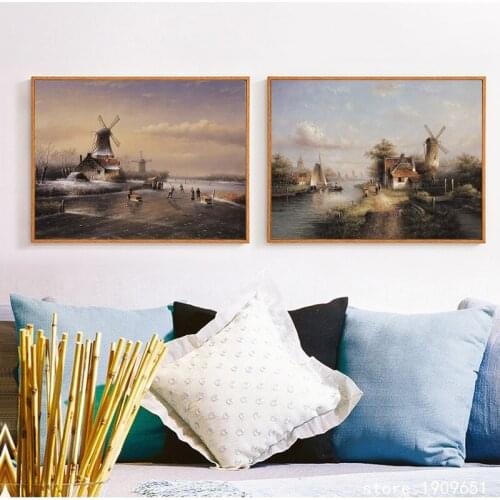 Cotton no frame classical snow house windmill scenery canvas printings oil painting printed on cotton art decoration picture