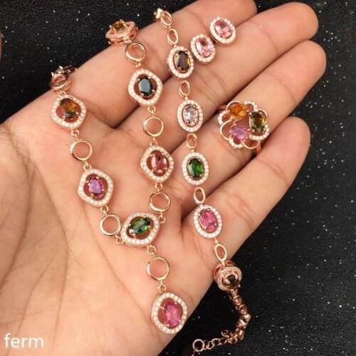 KJJEAXCMY boutique jewels 925 pure silver inlaid with pure natural tourmaline pendant ring earrings bracelet 4 sets flowers flow