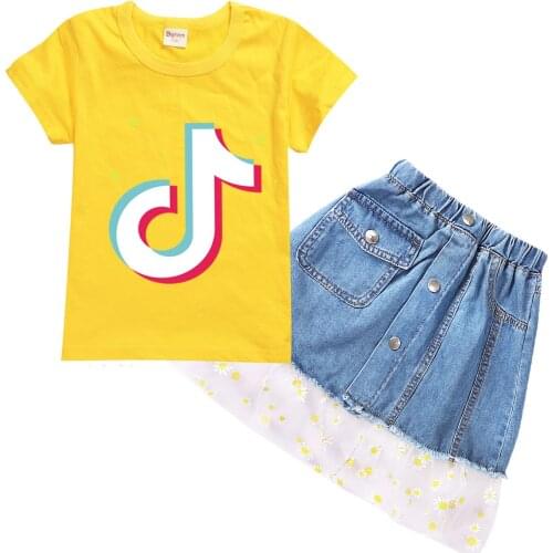 TIK TOK Girls Set For Teen Girl Denim Cloth Kids Cartoon Cotton T Shirt Tee+Bow Floral Skirt 2PCS Outfit Children Suit