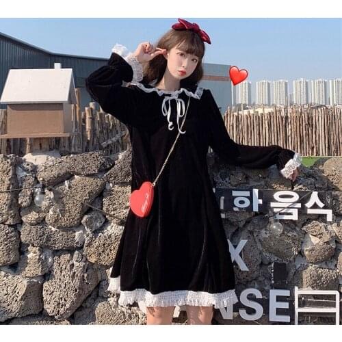 Kawaii clothing sweet lolita dress Womens Autumn Japaneset Lace Sailor Collar Sleeve Mid-Length Slimming Long-Sleeved Dress