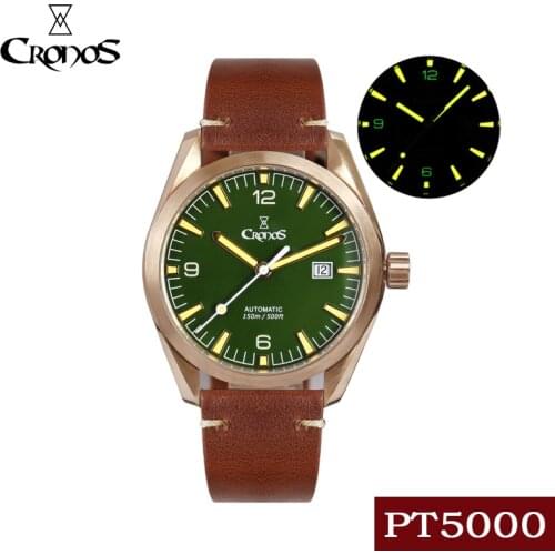 Cronos Men Watch Bronze CuSn8 Automatic PT5000 SW200 Sapphire Crystal Leather Rubber Strap