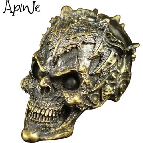 Apinje Brass Punk Skull Pendant Necklace For Men Hip Hop Rock Biker Gothic With Stainless Steel Chain 4mm*65cm