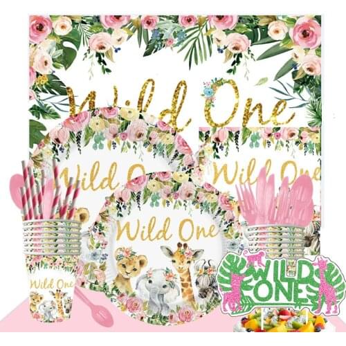Wild animals Pink ‘Wild One ’Jungle animal party supplies Adult children birthday holiday party supplies