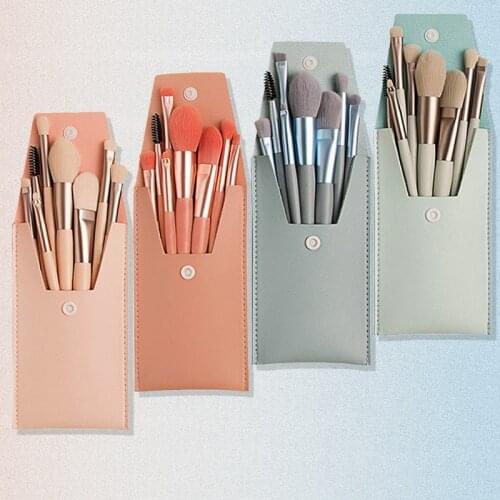 Makeup Brushes With Bag 8 PCS Travel Size Make Up Brush Kit For Face Foundation Blush Eye Shadow Eyelash Wooden Handle 4 Colors