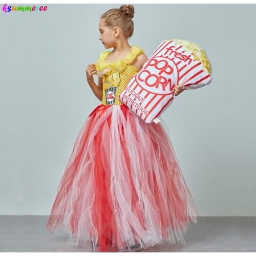 Adorable Popcorn Inspired Girls Tutu Dress Red & White Tulle Children Birthdays Halloween Dress Up Costume Kids Flower Ball Gown