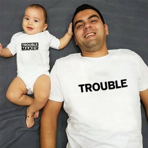 Baby Clothes Boy Letter Cotton Family Matching Outfits Love Big Trouble and Little Trouble Dad and Daughter Matching Clothes