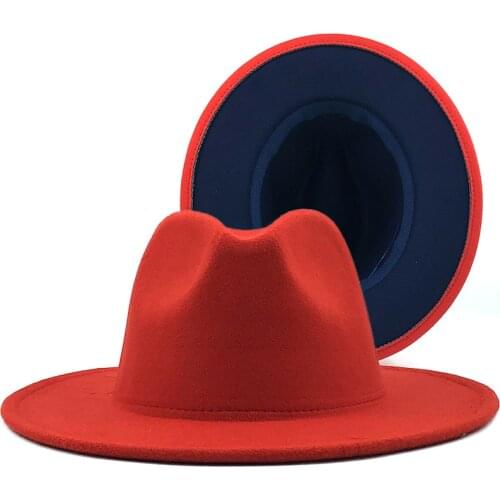 Orange with Navy green Bottom Patchwork Panama Wool Felt Jazz Fedora Hats Women Men Wide Brim Party Cowboy Trilby Gambler Hat