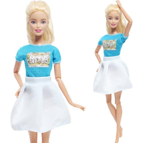 Handmade Doll Dress Blue Tops T-shirt White Skirt Daily Casual Wear Outfits Clothes for Barbie Doll Accessories Kids Gift Toy