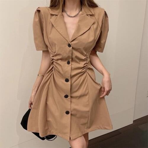 Slim Waist Summer Women Dress Chic Fashion Button-up Draped Suit Dress Vintage Suit Collar Short Sleeve Female Dresses Vestidos