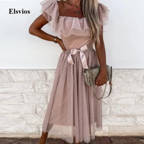 Women Elegant Butterfly Sleeve Summer Dress Fashion Tie-up Belt Lace Ruffle Party Dress Sexy V-Neck Mesh Sheer Beach Long Dress