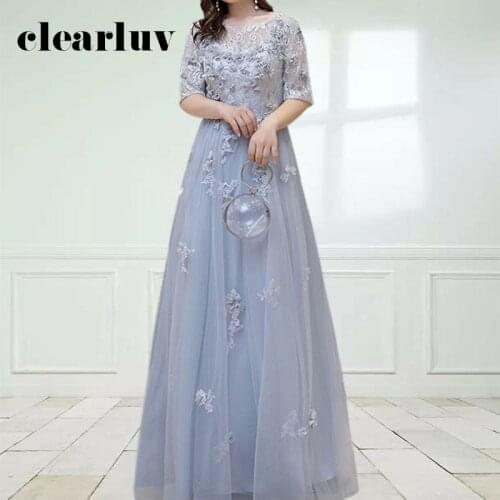 Silver Grey Evening Dress DR1010 Plus Size O-neck Robe De Soiree Appliques Tulle Evening Dresses Long A Line Evening Gowns