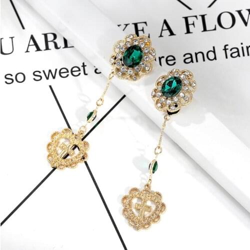 GRACE JUN Gold Color Stone Rhienstone long Cross Clip on Earrings for Women Popular Without Pierced Earrings Charm Jewelry
