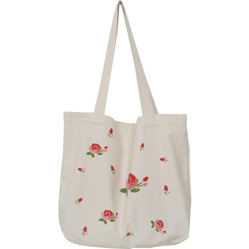 Harajuku Rose Embroidery Shoulder Bag Summer New Style Canvas Large-capacity Shopping Bag Womens Luxury Handbags Сумка Женская