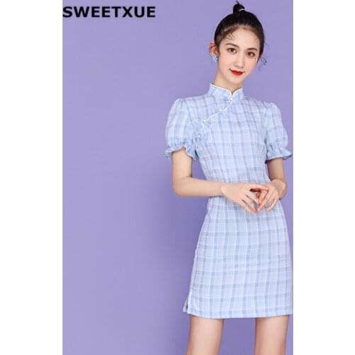 SWEETXUE Lady Bubble Sleeve Dress Retro Beaded Cheongsam Improved Version Girl Lovely A-line Dresses