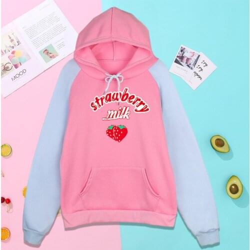 2021 Harajuku Fruit Strawberry Velvet Winter Leisure Long Sleeve Thickening Spell Color Top Color Block Hoodie