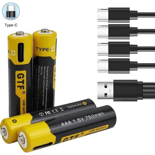 USB Type-C Charging AAA battery 1.5V 500mah 750 mWh Lithium ion AAA Battery 4 in 1 USB Type C Charg Cable LED Charging Indicator