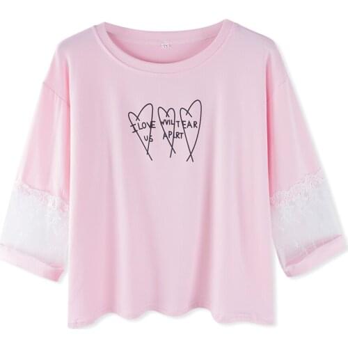 Neatie kiddie Sweet Pink T-shirt Letter Print Lace Patchwork Three Quarter Sleeve Summer 2019 Women Clothes Tee Shirt Femme