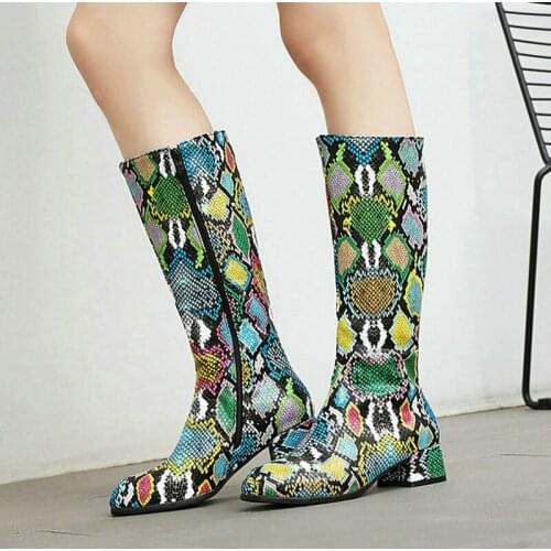 White Blue Brown Women Knee High Boots Snake Print PU Leather Calf Boots Comfortable Square High Heel Round Toe Womans Shoes