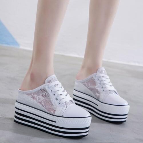 9CM Summer Women Mesh Lace Casual Shoes Flat Platform Wedge Shoes Height Increasing Hollow Hole Breathable Sneakers Slippers