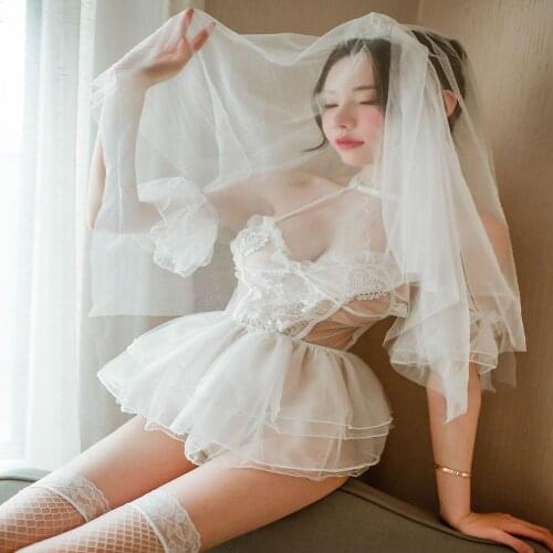 Porn Plus Size Lace Wedding Dress Bride Babydolls Chemises Bowknot Card Veil + Dress + Underwear Sexy Lingerie Women Sleepwear