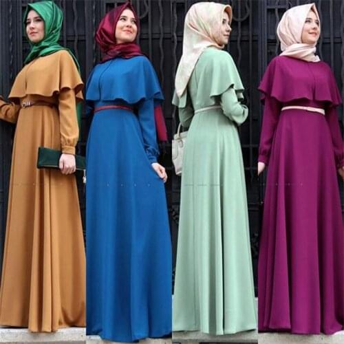 Woman Dubai Arabic Turkish Muslim Elegant Abaya Islamic Ruffle Long Sleeve Elbise Women Ramadan Kaftan Maxi Dress with Belt