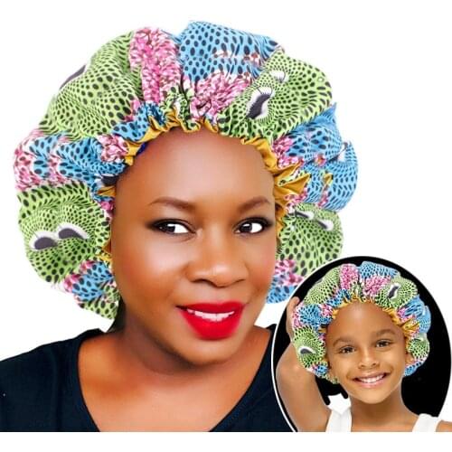 2 pcs/set Mommy and Me Satin Bonnet Adjustable Double Layer Sleep Cap Parents and Kids African Print Turban Hair Cover Baby Hat