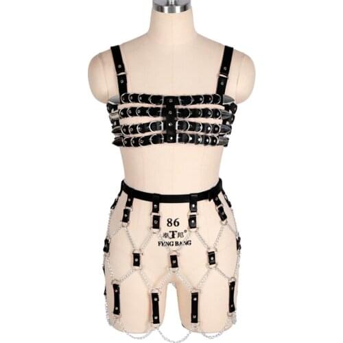 Fetish Sexy 2 Pcs Bondage Leather Lingerie Set Gothic Women Body Harness Dress Bra Hollow Out Chain Skirt Club Pub Rave Clothing